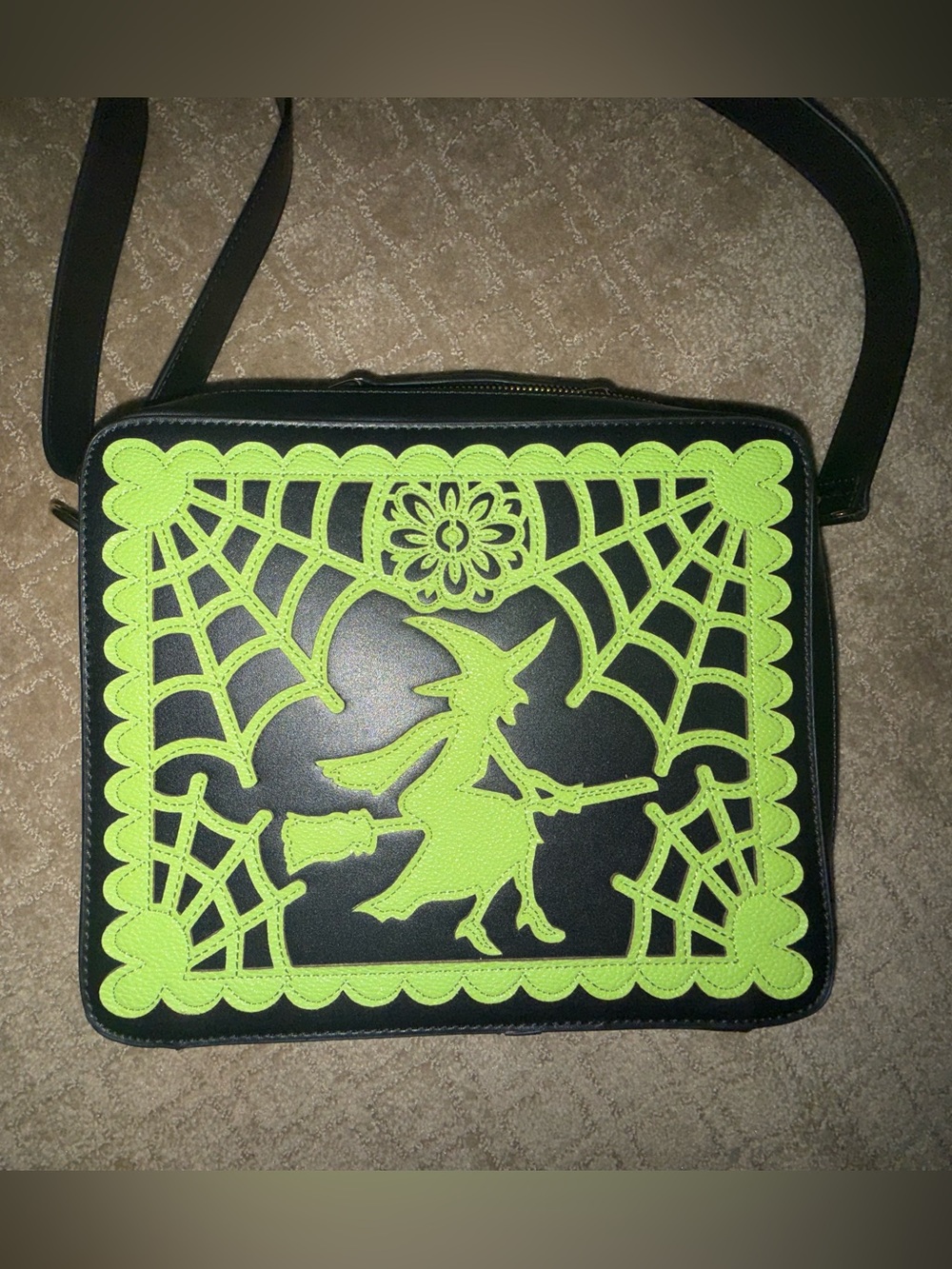 Backstitch Brujah Black and Neon Green Witch Cutout Crossbody Bag